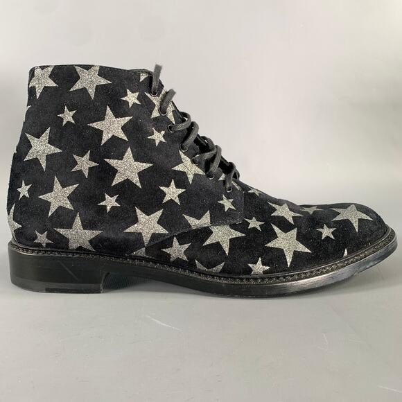 SAINT LAURENT Size 7.5 Black Silver Stars Leather Lace Up Boots main image 4